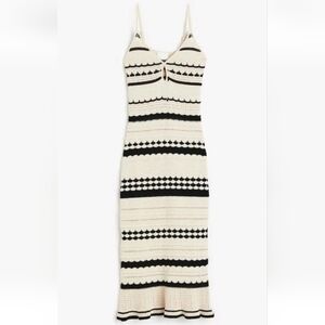 H&M Cream White Black Crochet Look Knitted Midi Spring Summer Dress Size M